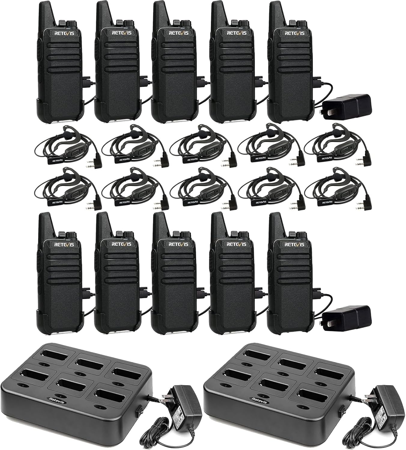 Retevis RT22 Walkie Talkies(10 Pack) Bundle with Six-Way Charger(2 Pack),Rechargeable Long Range Two Way Radio, USB C VOX Small Emergency 2 Pin Earpiece Headset,for School Retail Church Restaurant