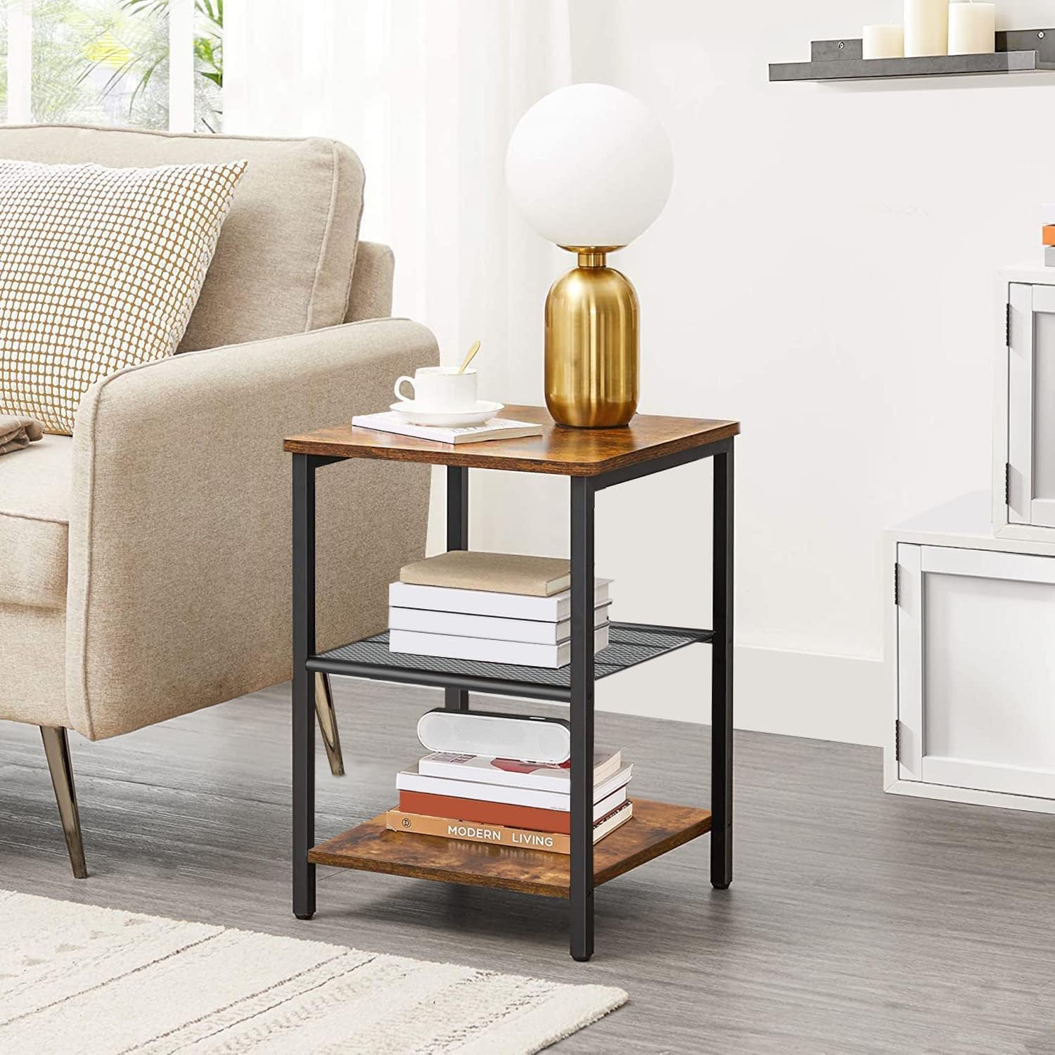 BEEWOOT End Table, 3-Tier Side Table with Storage Shelf, Industrial Nightstand, Beside Sofa Table for Living Room, Bedroom, Stable Metal Frame and Easy Assembly, Rustic Brown TB01BB002