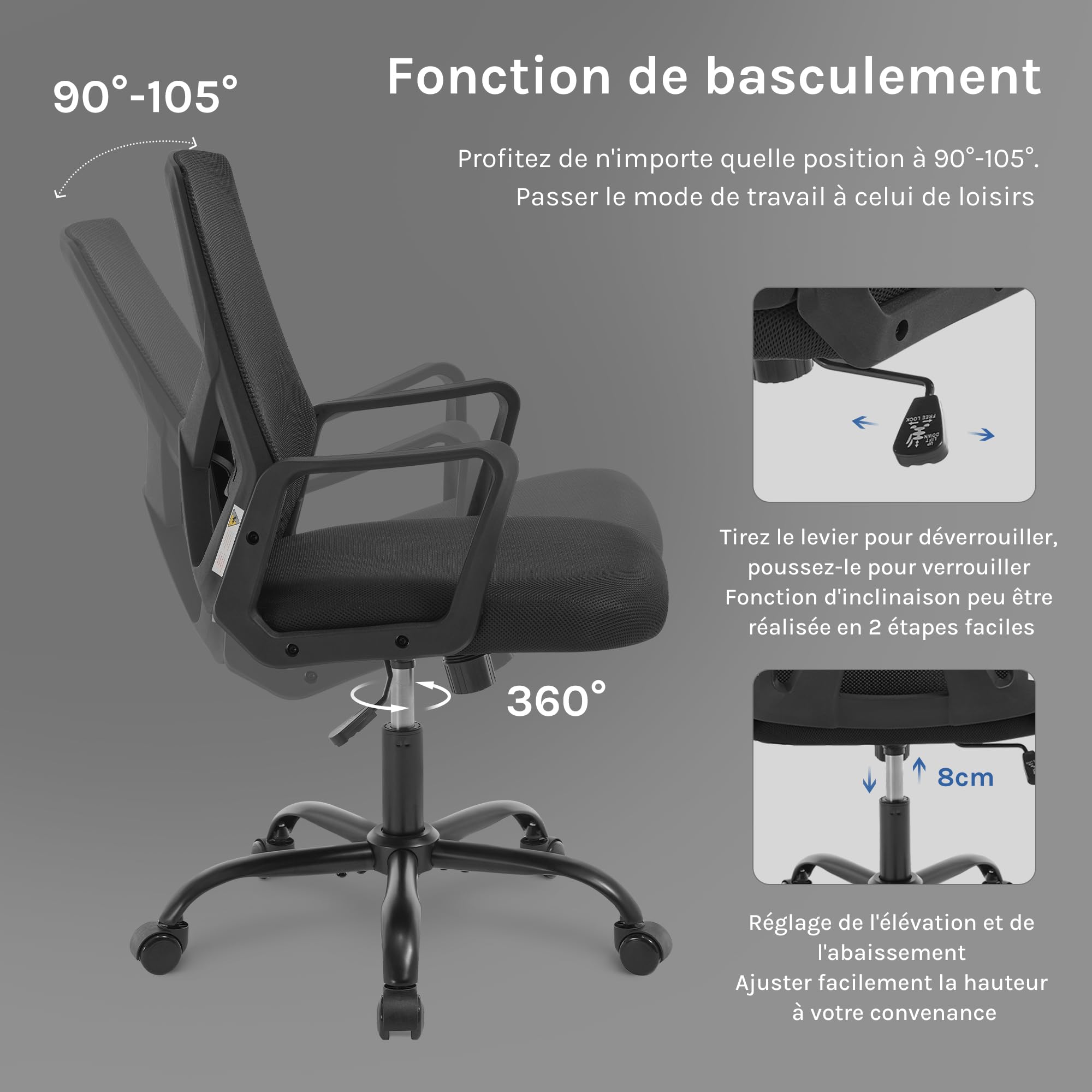 Chaise Bureau Ergonomique avec Dossier Rabattable en Maille Haute Élasticité, Fauteuil Bureau avec roulettes Universelles à 360° et Accoudoirs, Noir