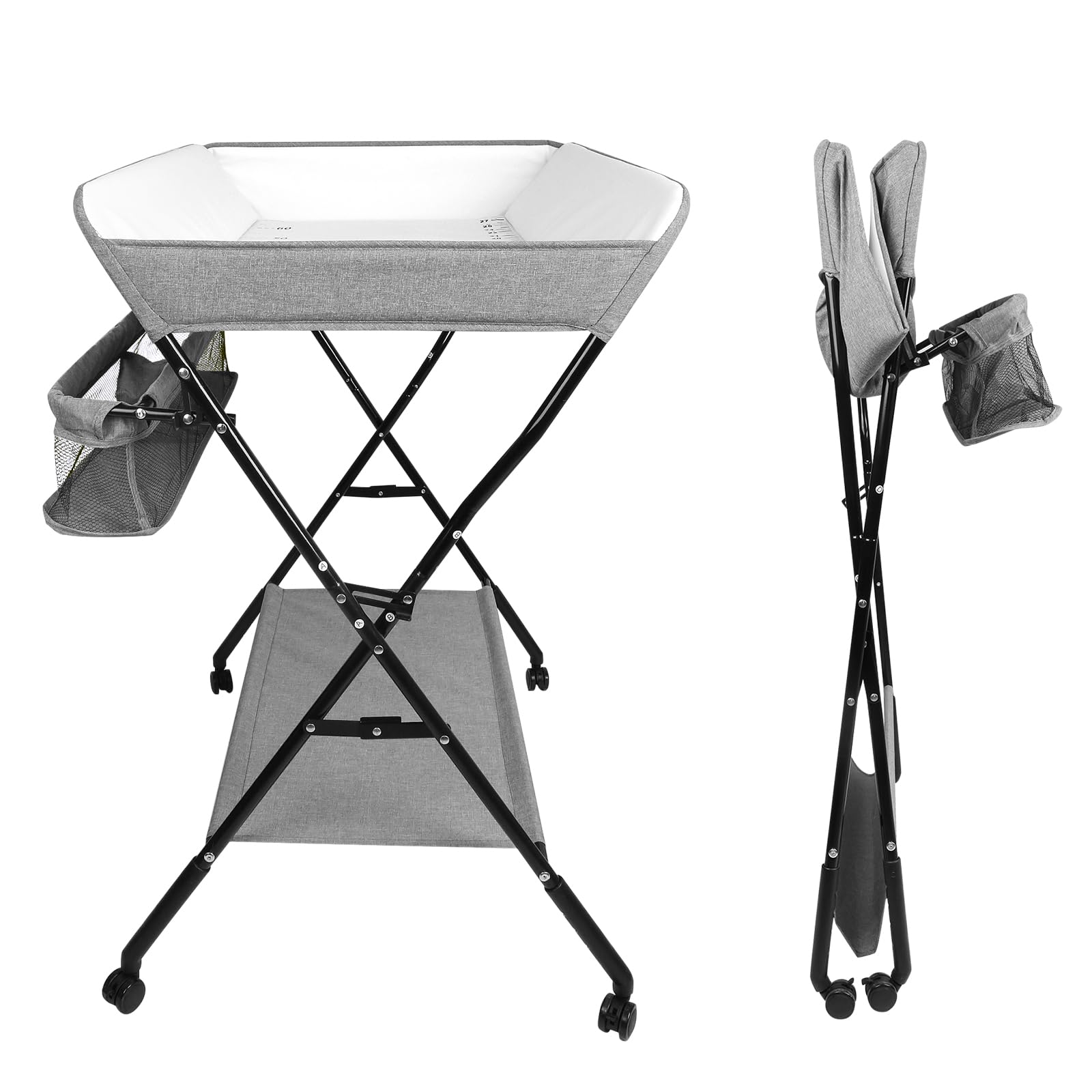 WODFARR - Mesa cambiador plegable con cesta de almacenamiento, mesa de pañuelos, plegable y portátil, tela de PVC+Oxford impermeable, ajuste de altura a 4 velocidades, B-gris