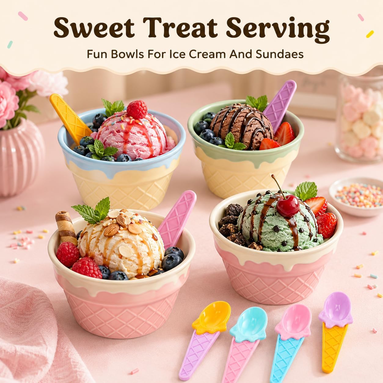 4 Pcs Ceramic Ice Cream Bowls, 9 oz Porcelain Dessert Bowls with Spoons, Reusable Dessert Sundae Cups, Lovely Small Snack Containers for Pudding, Yogurt, Treats
