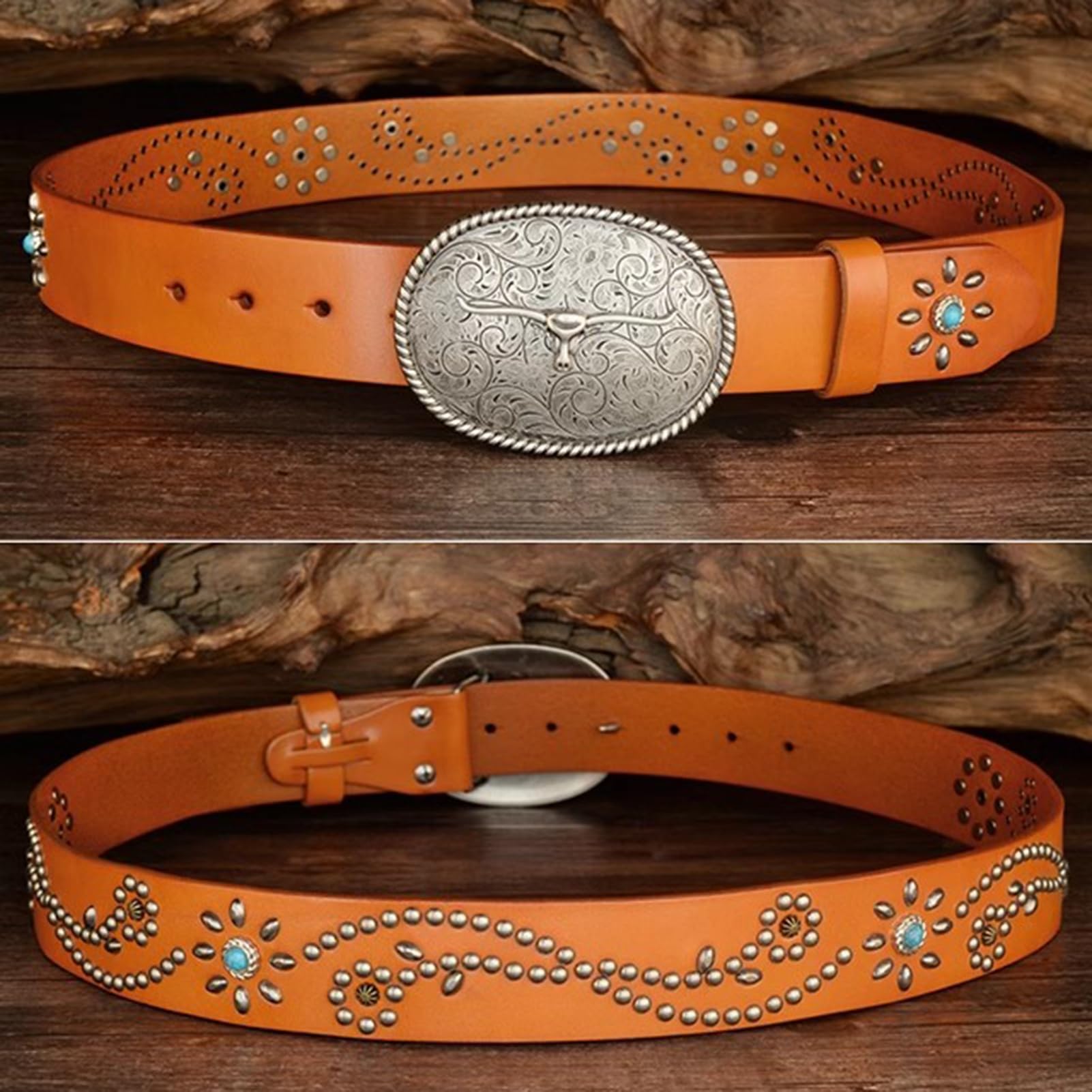 Cinture Western da Donna Uomo Cowboy Cowgirl Cinture in Vera Pelle con Borchie Country con Fibbie per Jeans Pantaloni Rodeo - 38 mm di Larghezza