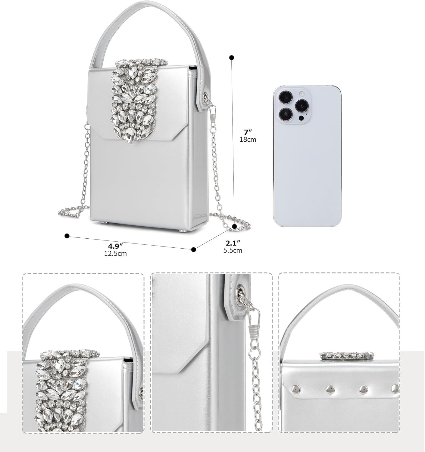 Sweetovo Crystal Evening Clutch Purse, Silver Box Handbag with Rhinestone Decoration, Detachable Chain Strap,