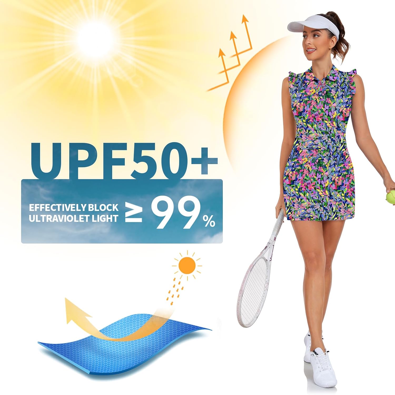 Soneven Tennis Dress for Women Floral Ruffle Sleeve Golf Dresses with Shorts and Pockets 1/4 Zip Golf Outfits