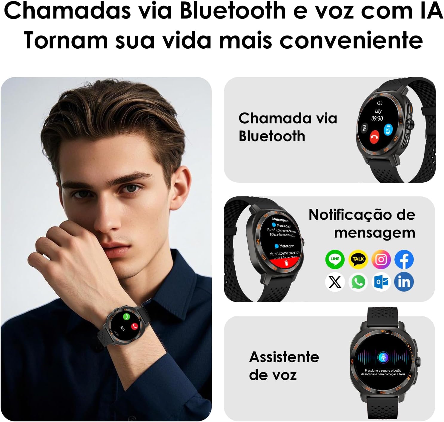Smartwatch Relógio inteligente Masculino, Tela AMOLED, ChatGPT, Relogio Inteligente, 150+ Modos Esportivos, Chamadas Bluetooth, 3ATM a Prova d'Agua Compatível com iOS e Android, 2 Pulseiras