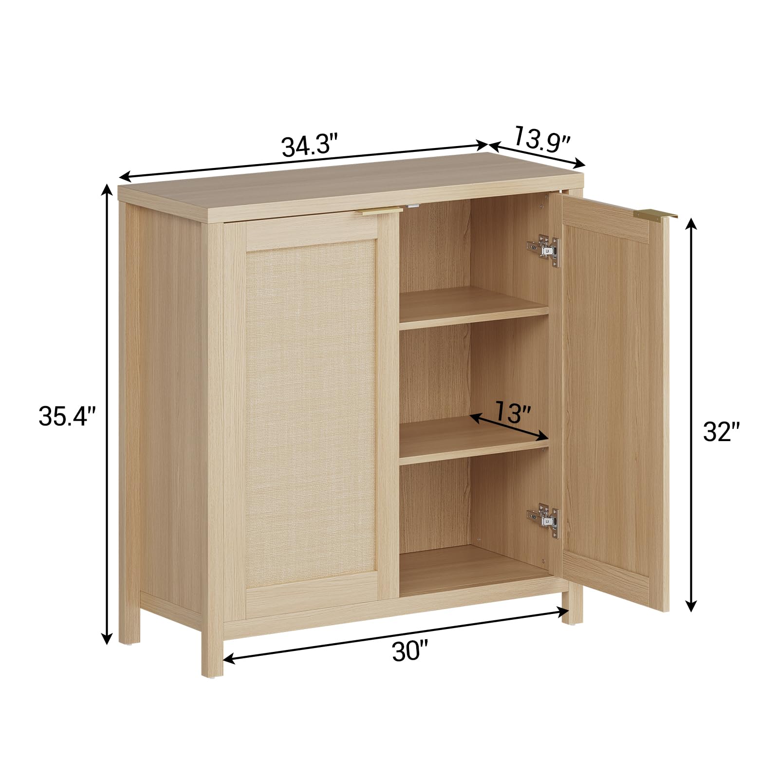 Aparador Mimbre 87cm Madera con Estantes Ajustables para Comedor y Cocina | Gabinete buffet moderno equipado con puertas y tiradores metálicos elegantes