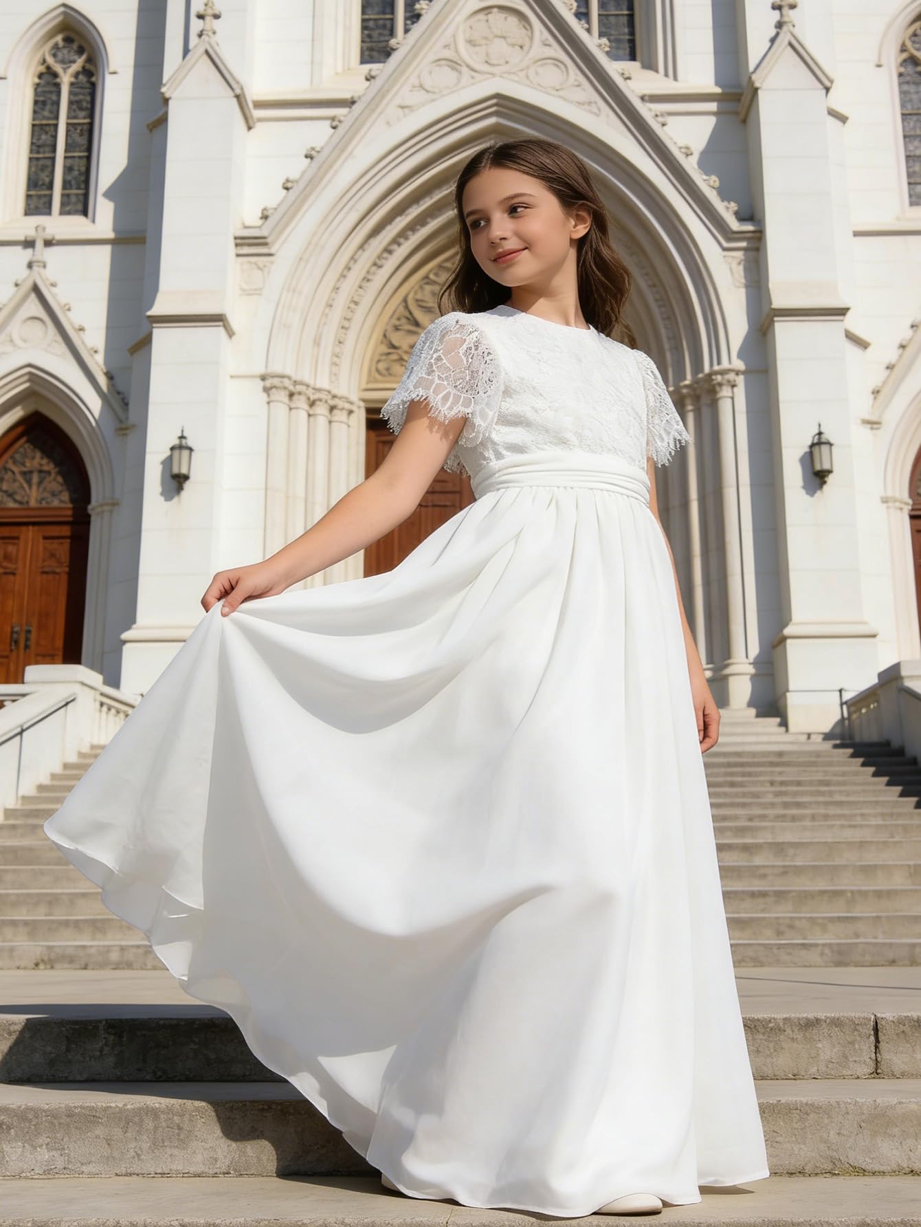 Aibaowedding Dziewczęca sukienka szyfonowa w stylu vintage, z falbankami, linia A, na wesele, imprezę, maxi, dla druhny, dla dziewczynki z kwiatami
