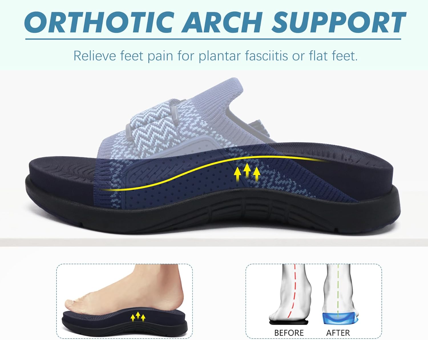 COFACE Women’s Orthotic Sandals Comfortable Plantar Fasciitis Arch Support Sandal Slippers Ladies Fashion Fabric Kint Slides Sandals with Lightweight Athletic Soft Cushion Footbed (US Size 5-11) - Image 2