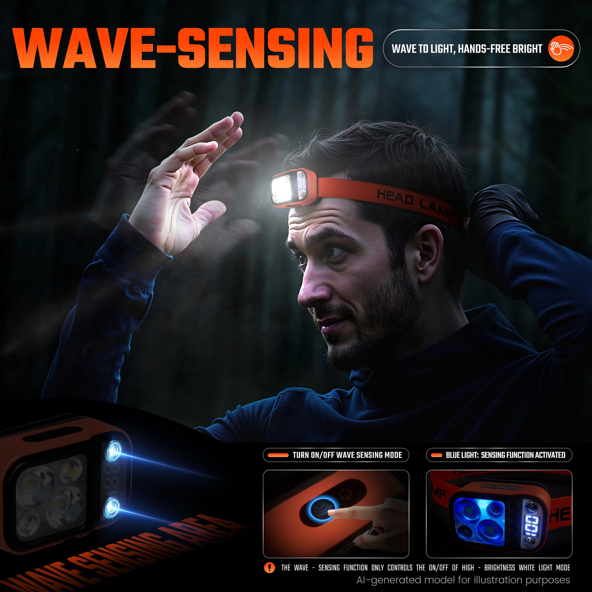 DARKBEAM Lampada Frontale Luce Testa LED Ricaricabile USB Alto Lumen, Lampada da testa per Casco con Sensore di Movimento, Display digitale, Torcia Frontale Impermeabile per Campeggio, Jogging, 2 Pack
