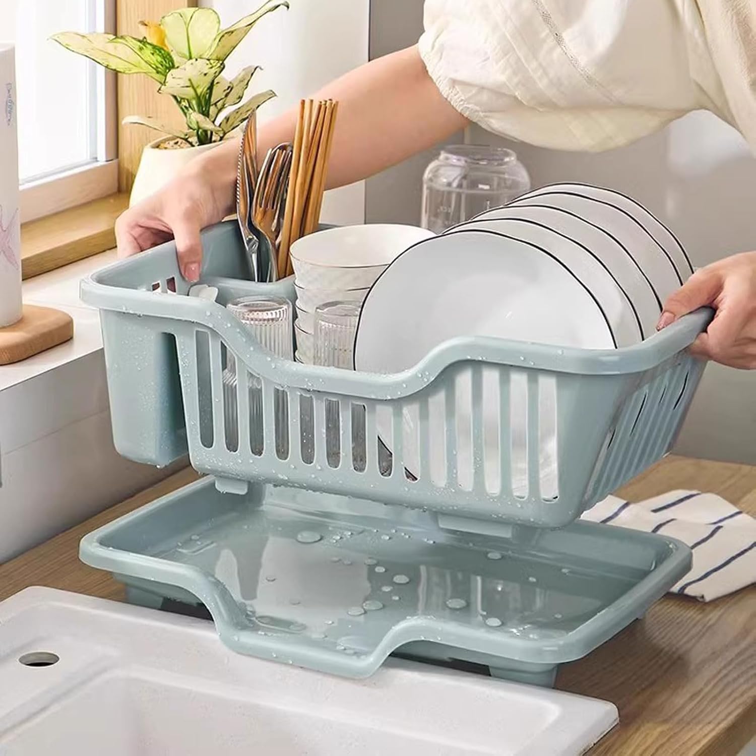 HUHJYUGE Plastic Dish Drying Rack with Utensil Holder, Compact Kitchen Organizer for Bowls, Plates, Chopsticks, Space Saving Dish Rack for Countertop, or Small Space Storage (A)