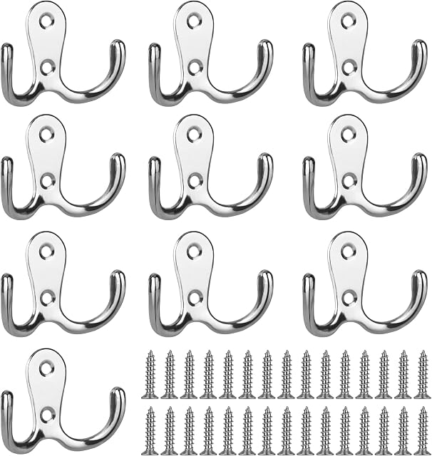 BOOHO 10Pcs Coat Hooks, Retro Double Prong Robe Hooks for Hanging Clothes, Wall Mounted Hooks with 30Pcs Screws for for Kitchen Bedroom Wall Bathroom (Silver)