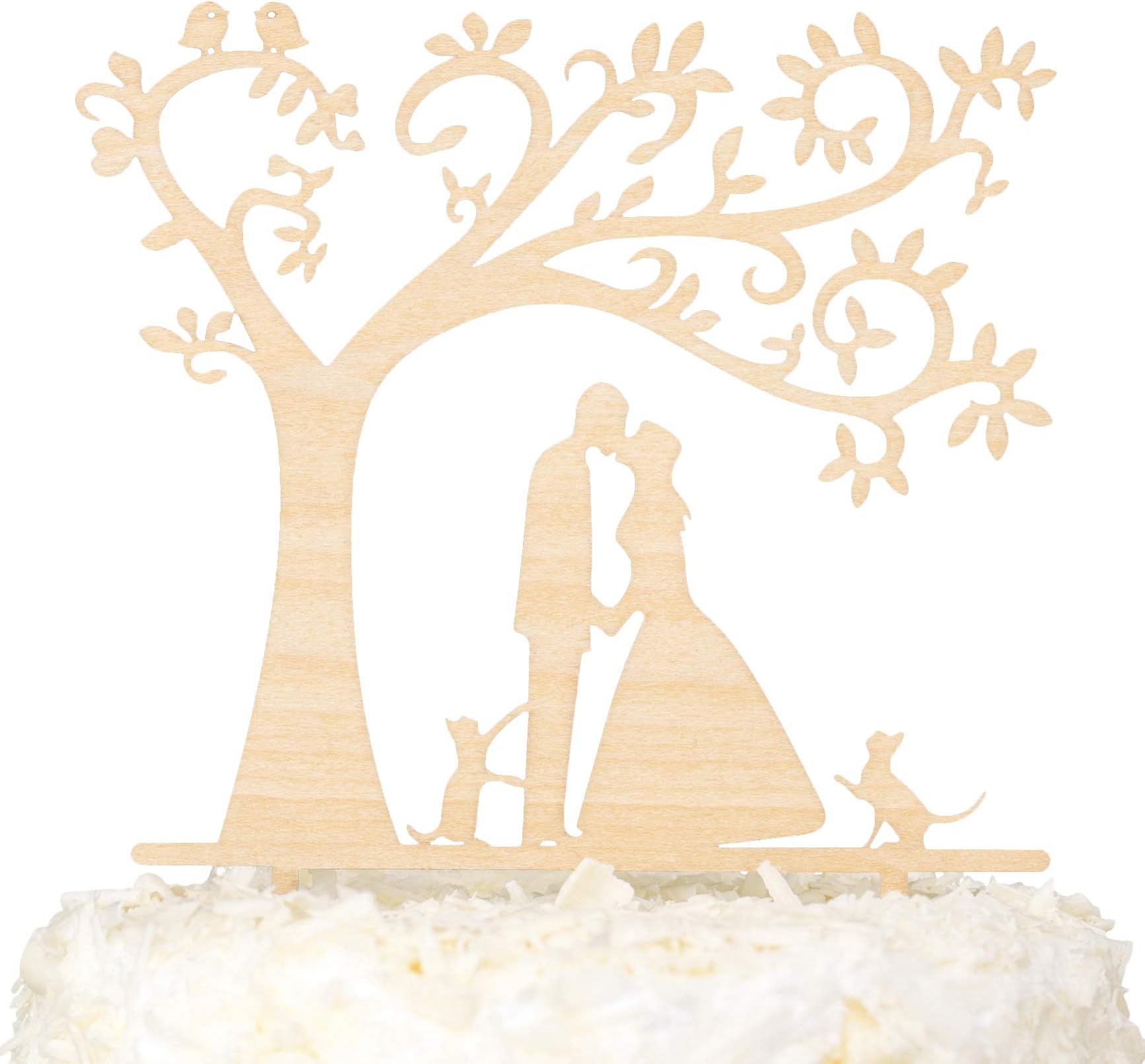 LOVENJOY Rustic Wood Wedding Cake Toppers Groom and Bride Kissing with Two Cats Cake Decorations, Gift Boxed