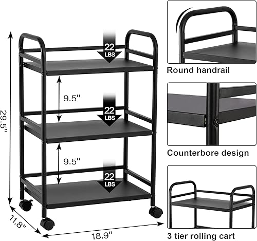 Miniatura 6 de HDANI Estantes de carrito rodante de 3 niveles, marco de metal multifuncional resistente, soporta 22 libras por nivel, carrito rodante con 2 ruedas