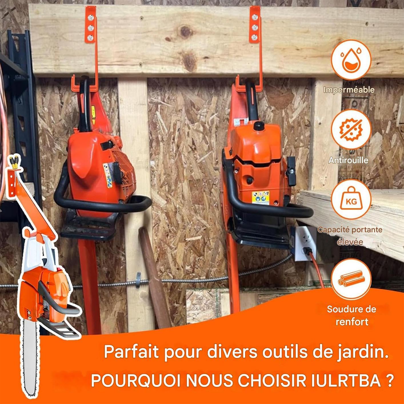 Support mural pour tronçonneuse Rack de Rangement Robuste, Capacité 81,6 kg
