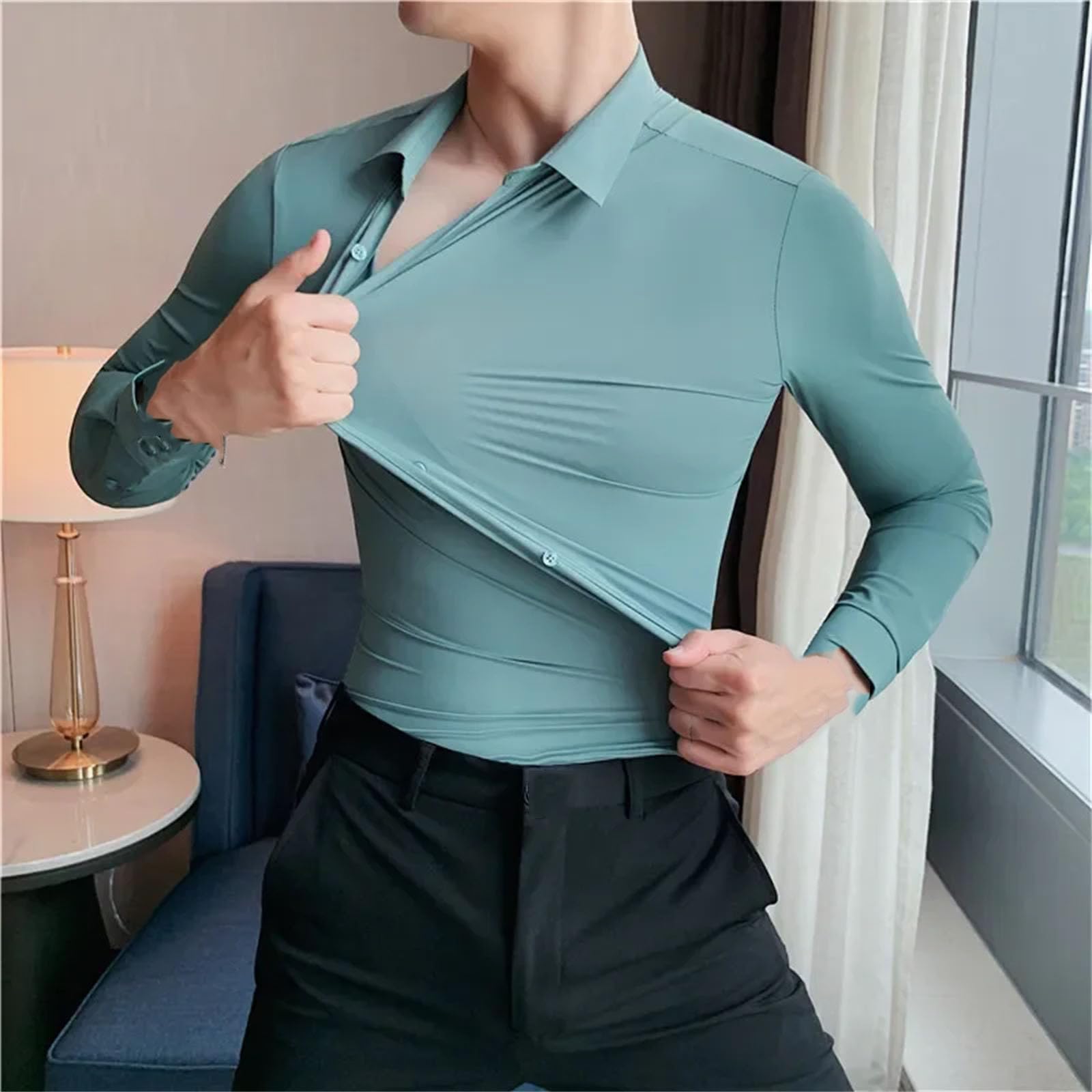 Camisa elástica de manga larga para hombre, no necesita planchado, ropa de trabajo, profesional, cuello alto, color liso