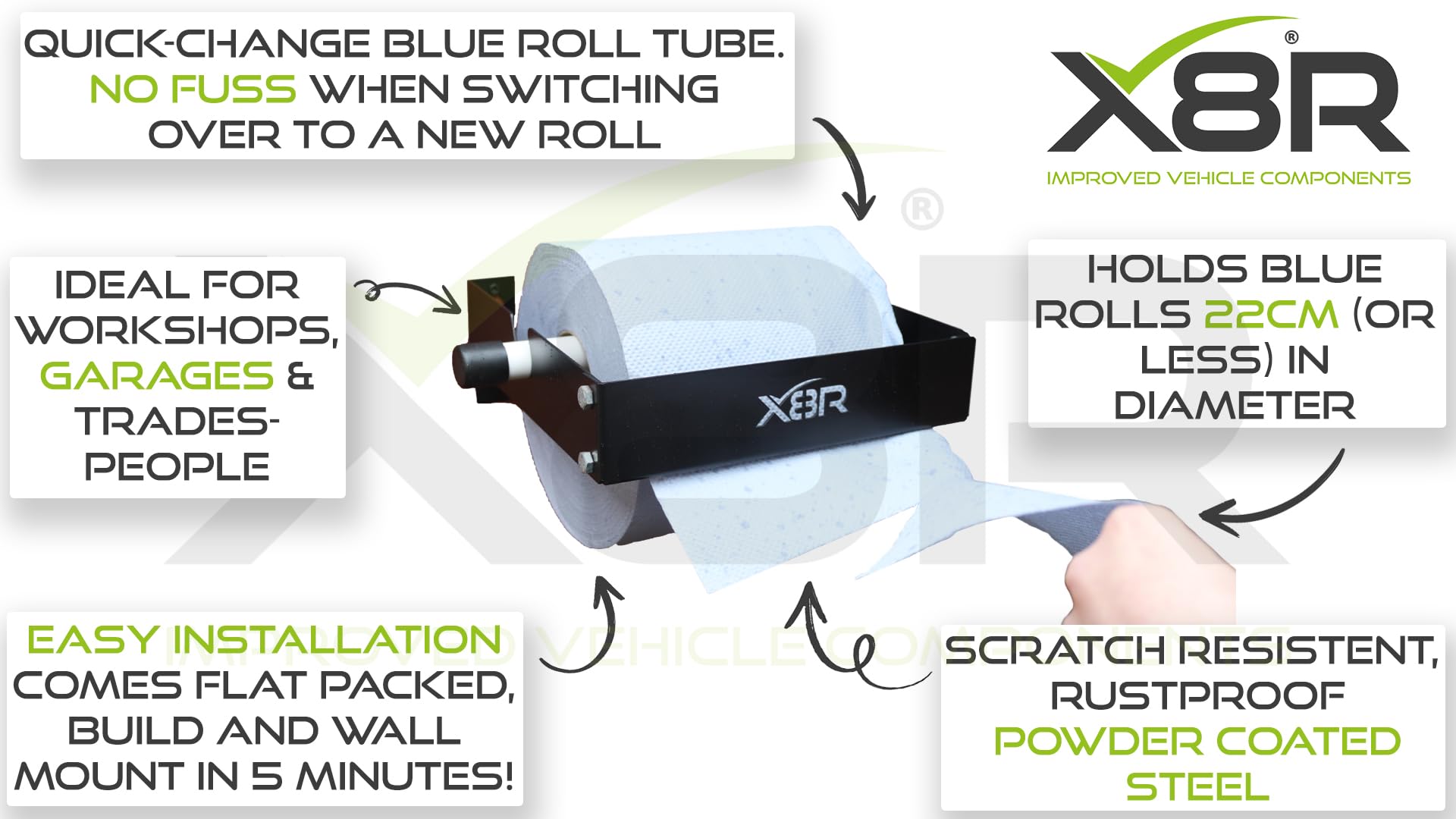 Resistente Azul Rollo Papel Toalla Dispensador Soporte para Montaje en Pared Soporte Taller Acero Negro