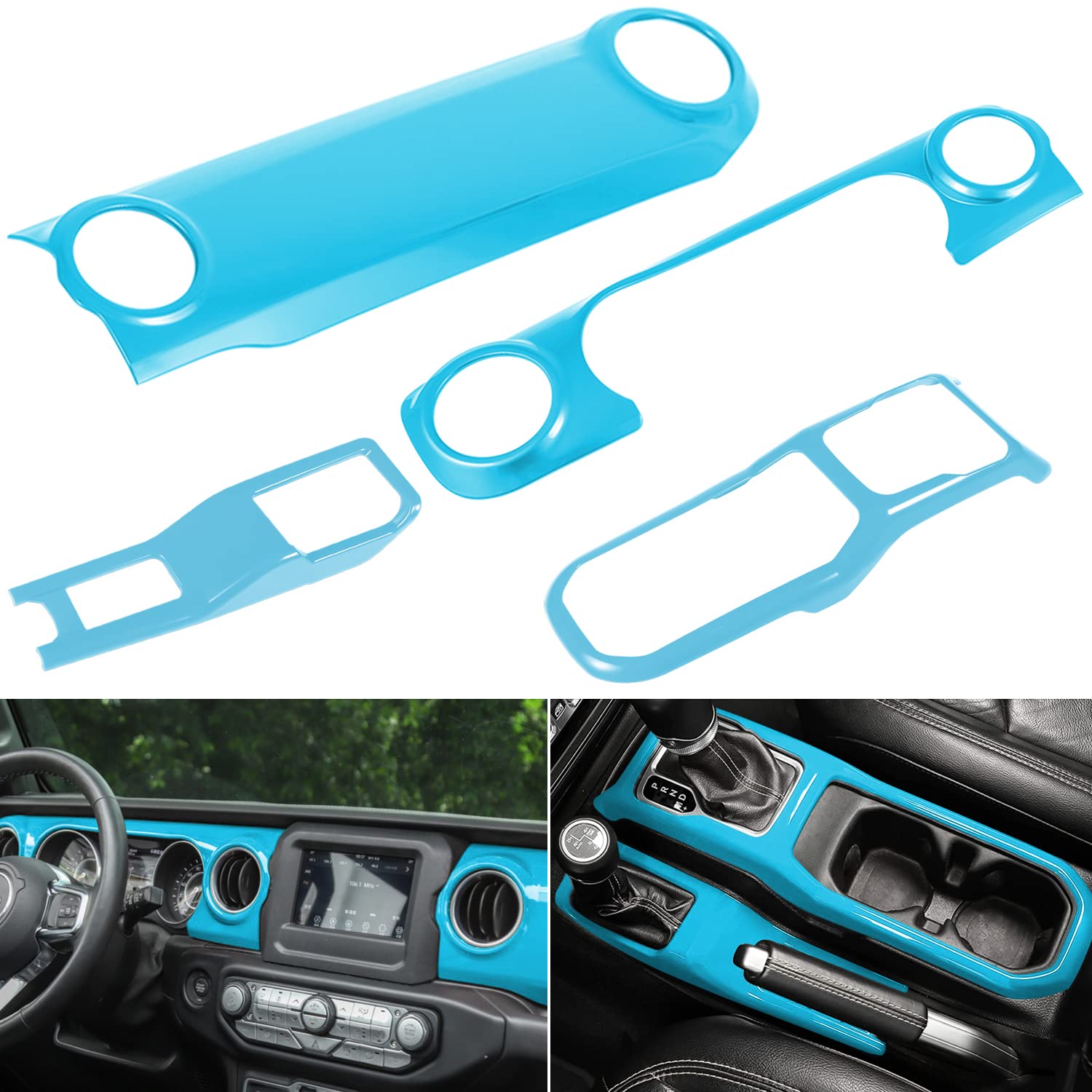 Photo 1 of ABS Center Console Gear Shift 4WD Panel & Dashboard & Cup Holder Trim 4PCS Cover Trim Interior Accessories for 2018-2024 Jeep Wrangler JL JLU & Gladiator JT (Light Blue)