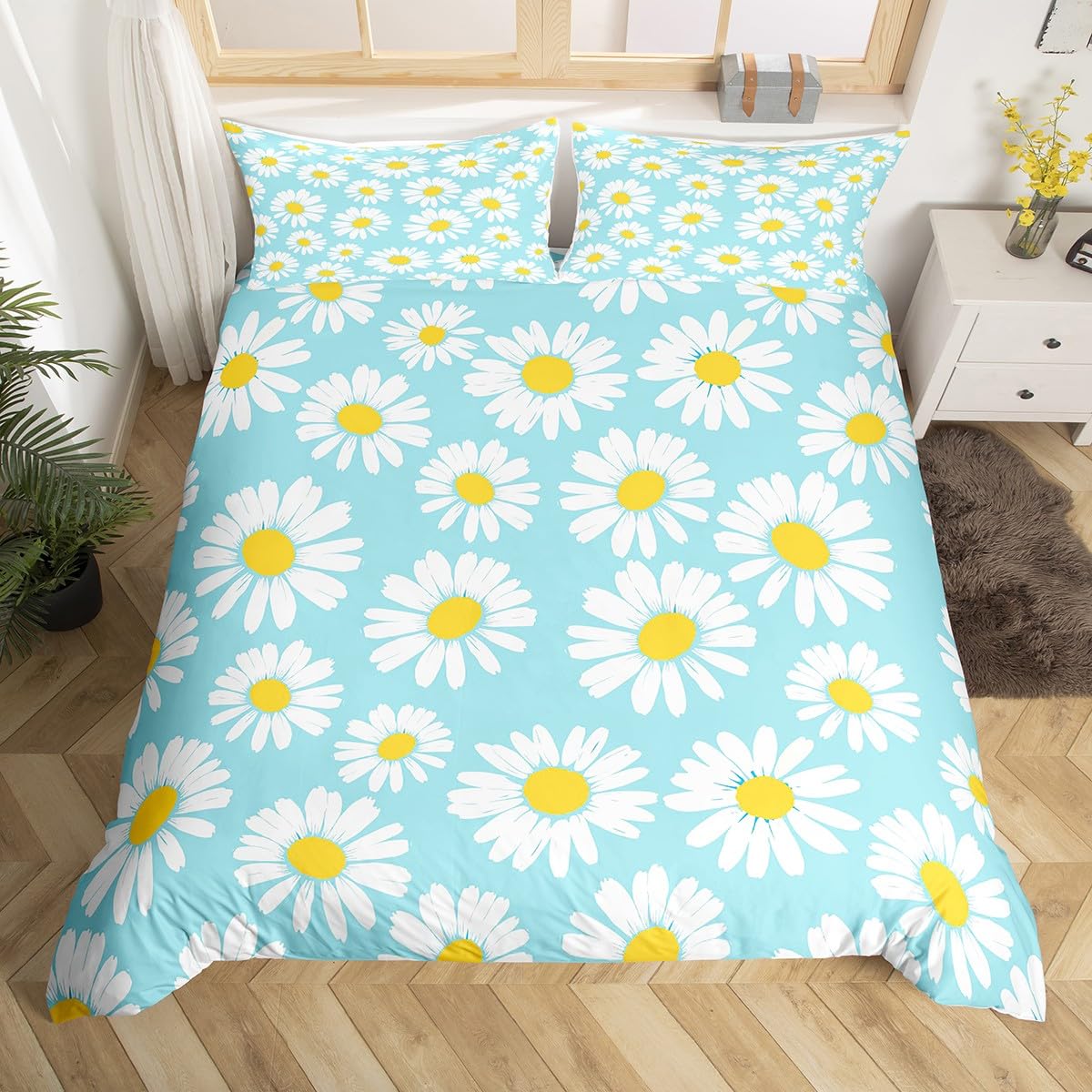 Daisy Flowers Duvet Cover Queen for Boys Girl Kids Yellow and White Floral Bedding Set Sky Blue Background Comforter Cover Child Garden Theme Decor Bedspread Quilt Cover for Kids Dorm Room,Soft,Zipper
