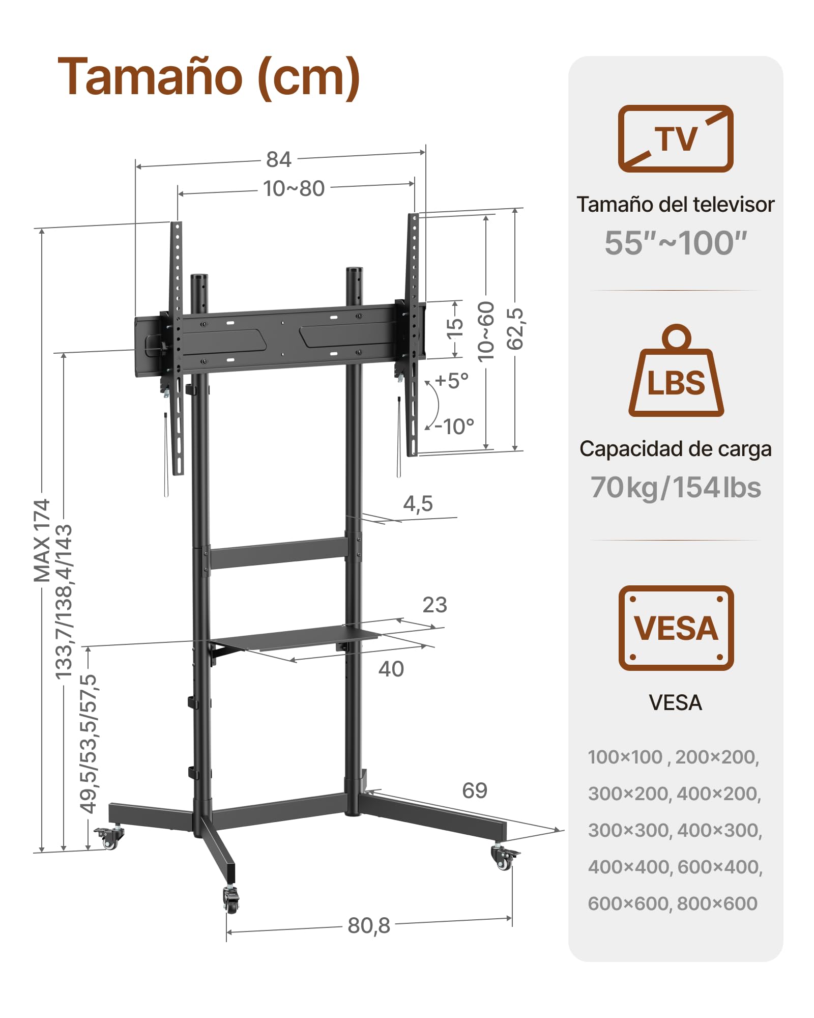 Soporte de TV con Ruedas para Pantallas de 55 a 100", Soporta 75 kg
