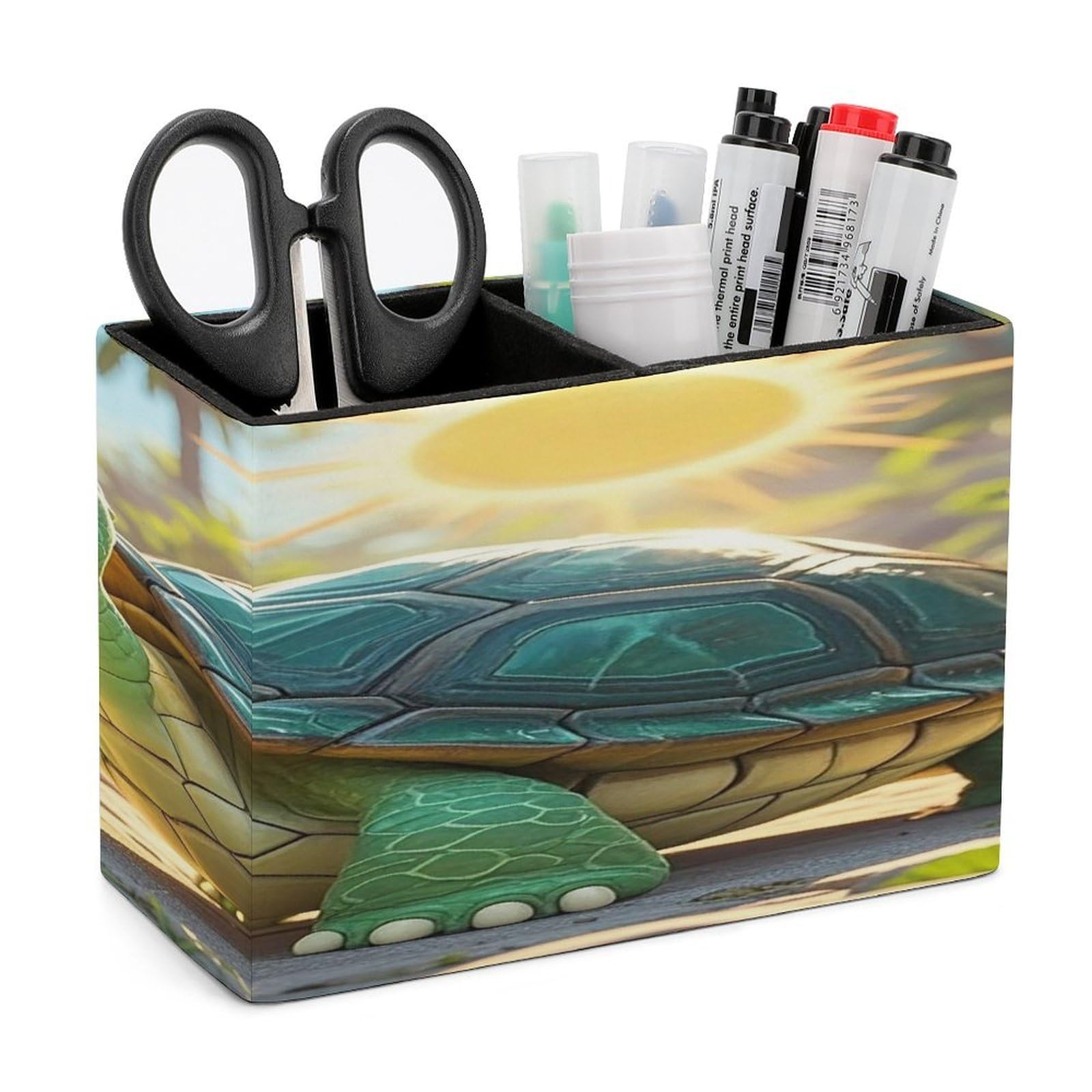 LZQPOEAS Turtle Leather Pen Holder with 2 Compartments Luxury Pencil Holder Minimalist Pencil Cup Brush Scissor Holders Elegant Pen Cup for Office Home Desk Accessories