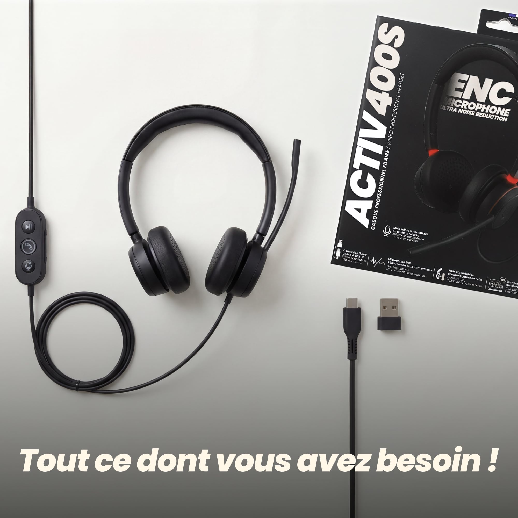 T'nB ACTIV400S - Micro Casque PC, Réduction de Bruit ENC | Optimisé Teams, USB-A et USB-C, Micro Intelligent, Busy Lights, Télécommande Rétroéclairée, Couleur Noire