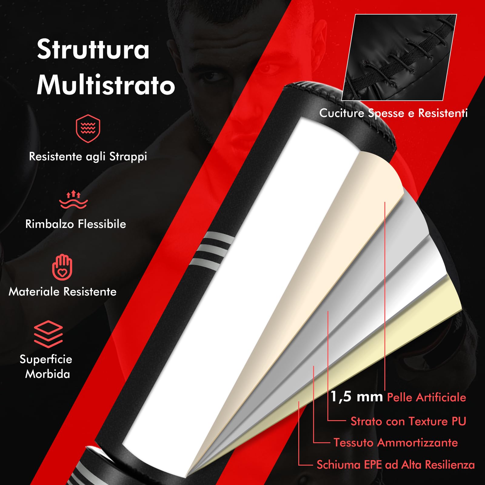 COSTWAY Sacco da Boxe da Terra Professionale con Area per Calci, Sacco Kick Boxing Autoportante con Base Riempibile da Sabbia e Acqua, 12 Ventose in Gomma e Struttura Multistrato