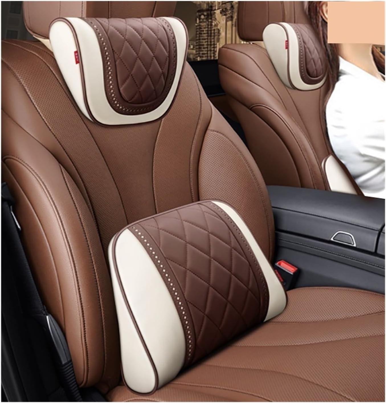 Car seat Accessories Car Rest Pillow Back Cushion Fit for Seat Neck Rest Waist Supports Set Car Interior Lumbar Pillows Car seat Cushion(Beige Black-Waist1PC)
