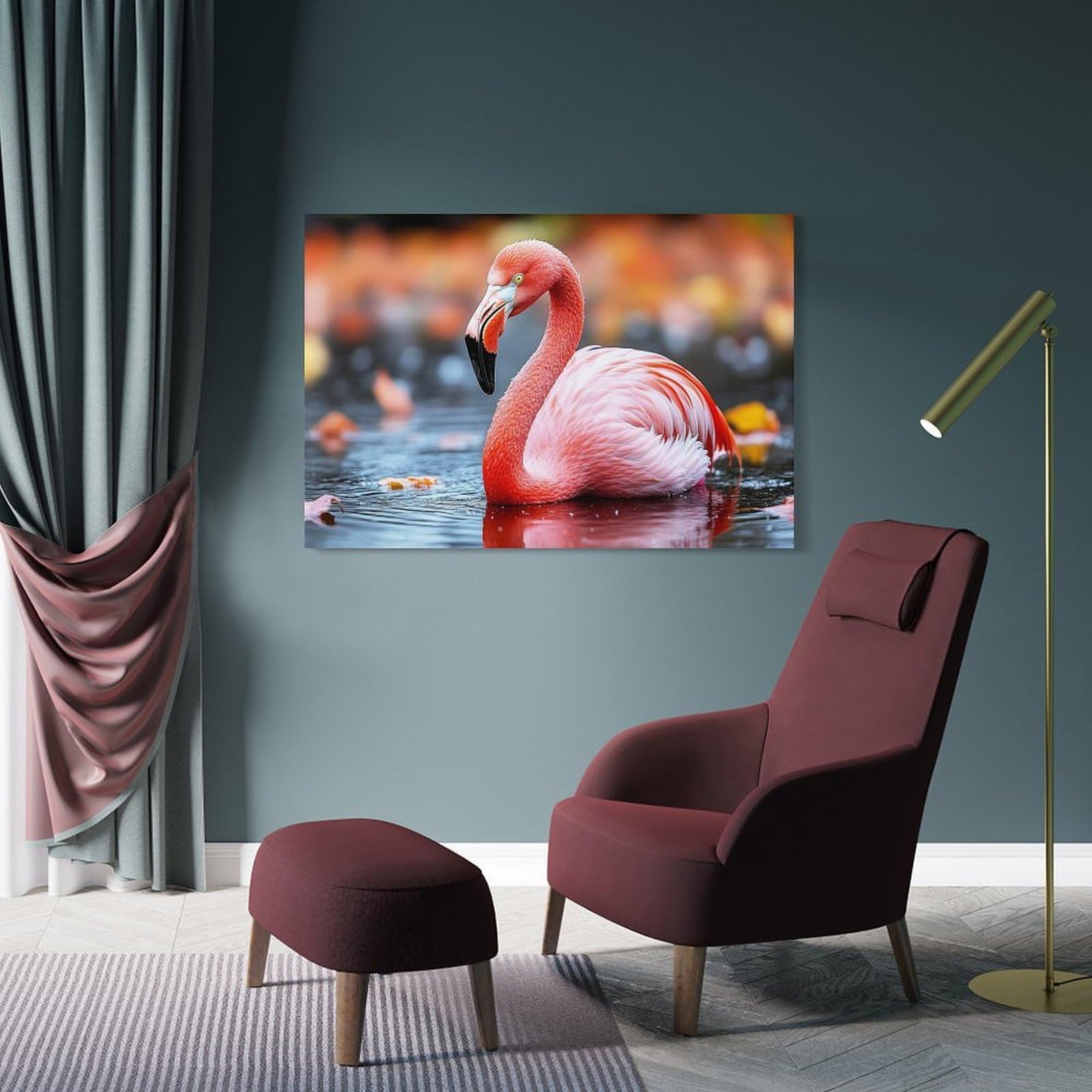 Junmoney Frame-Style-23 Flamingo In Water With Autumn Background Room Decor Wall Art, 20X30inch(50X75cm), For Entrance Walls, Hall Decor Or Foyers, A Neat Decor Update For Hallways