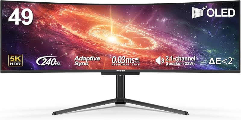 49" 5K2K 240Hz QD-OLED Curved Gaming Monitor, 0.03ms, USB C - 49Q1S | HDMI 2.1, DisplayPort, USB Hub, 90W Power Delivery, Surrounding Speakers, Adaptive-Sync, Height Adjustable Stand, Black