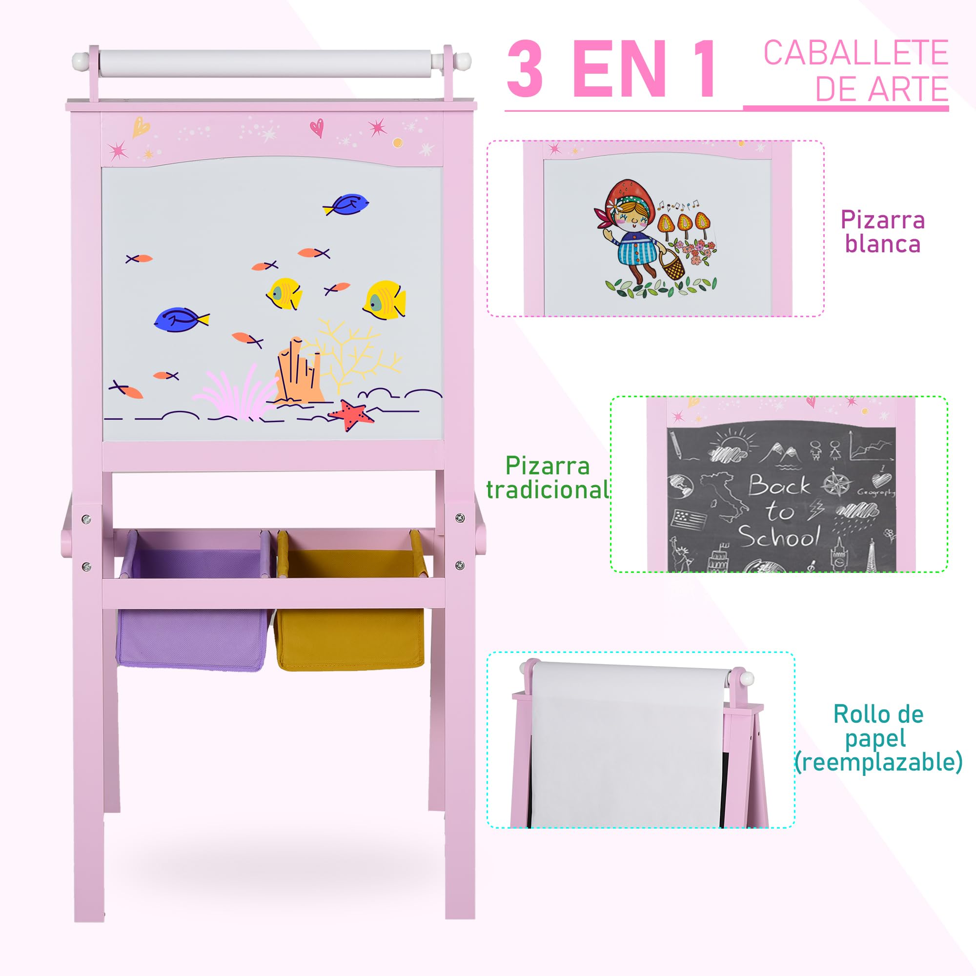 HOMCOM Pizarra Infantil Caballete 3 en 1 Caballete Infantil de Doble Soporte para Niños de +3 Años con Papel en Rollo y 2 Cestas de Almacenaje 58,5x50,5x118 cm Rosa