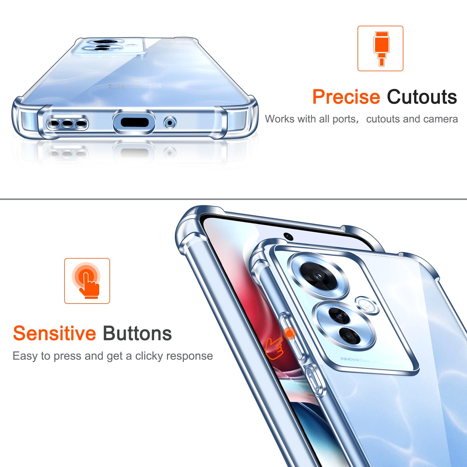 IVoler 3-in-1 Custodia Per OPPO Reno11 F 5G Con 2 Pellicole Vetro Temperato - Cover Trasparente Antiurdo In TPU, Supporto Ricarica Wireless