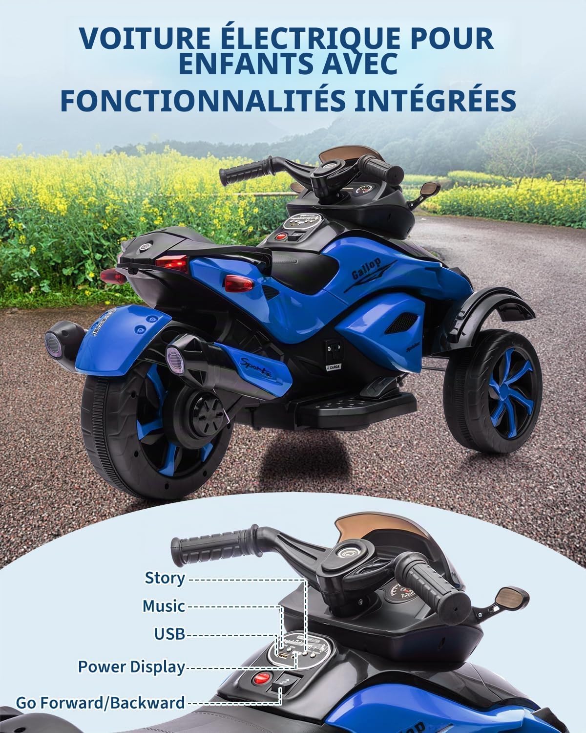 Garvee Quad Électrique Enfants 12V, Voiture Electrique Enfants, Moteurs Doubles 45W, Musique, Lumières LED, Autonomie, pour Enfants 3-8 Ans, Bleu
