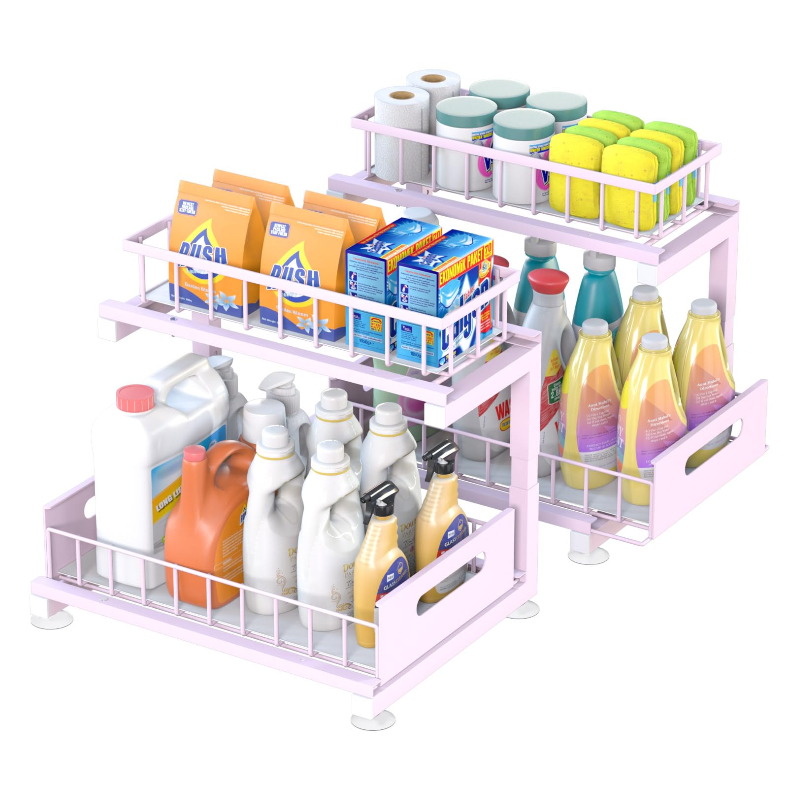 Under Sink Organizer Storage: Adjustable Height, 2 Tier L-Shaped Pull-Out Metal Shelf with Non-Slip Pads & Rust-Resistant Design Maximize Kitchen & Bathroom Cabinet Space