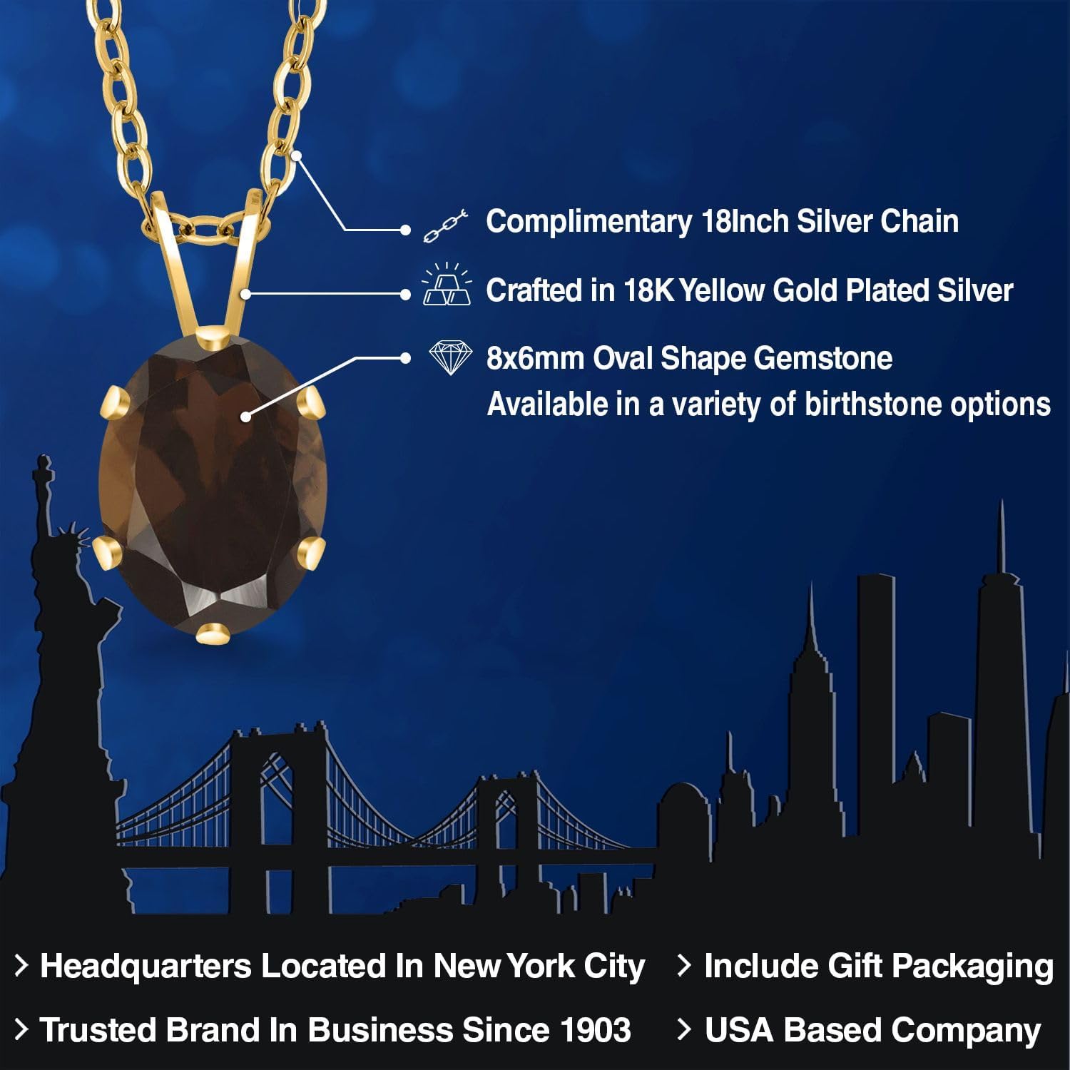Gem Stone King 1.20 Ct 18K Yellow Gold Plated Silver Brown Smoky Quartz Pendant Necklace | Oval 8X6MM | Gold Necklace For Women | With 18 Inch Chain