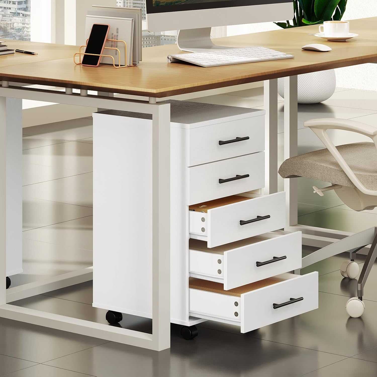 HOOBRO 5-Drawer File Cabinet under a desk with drawers partially open