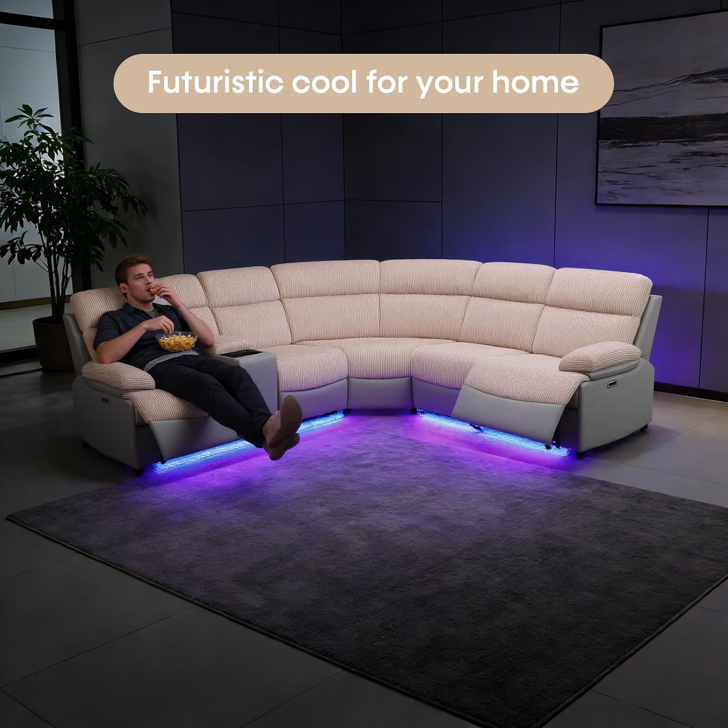 Power Reclining Sectional Sofa Set with LED Lights & USB Ports, 5 seat Corduroy L-Shaped Couch with Storage Console & Wireless Charger, Modern Living Room Furniture Sets for Home Theater, Creamy White