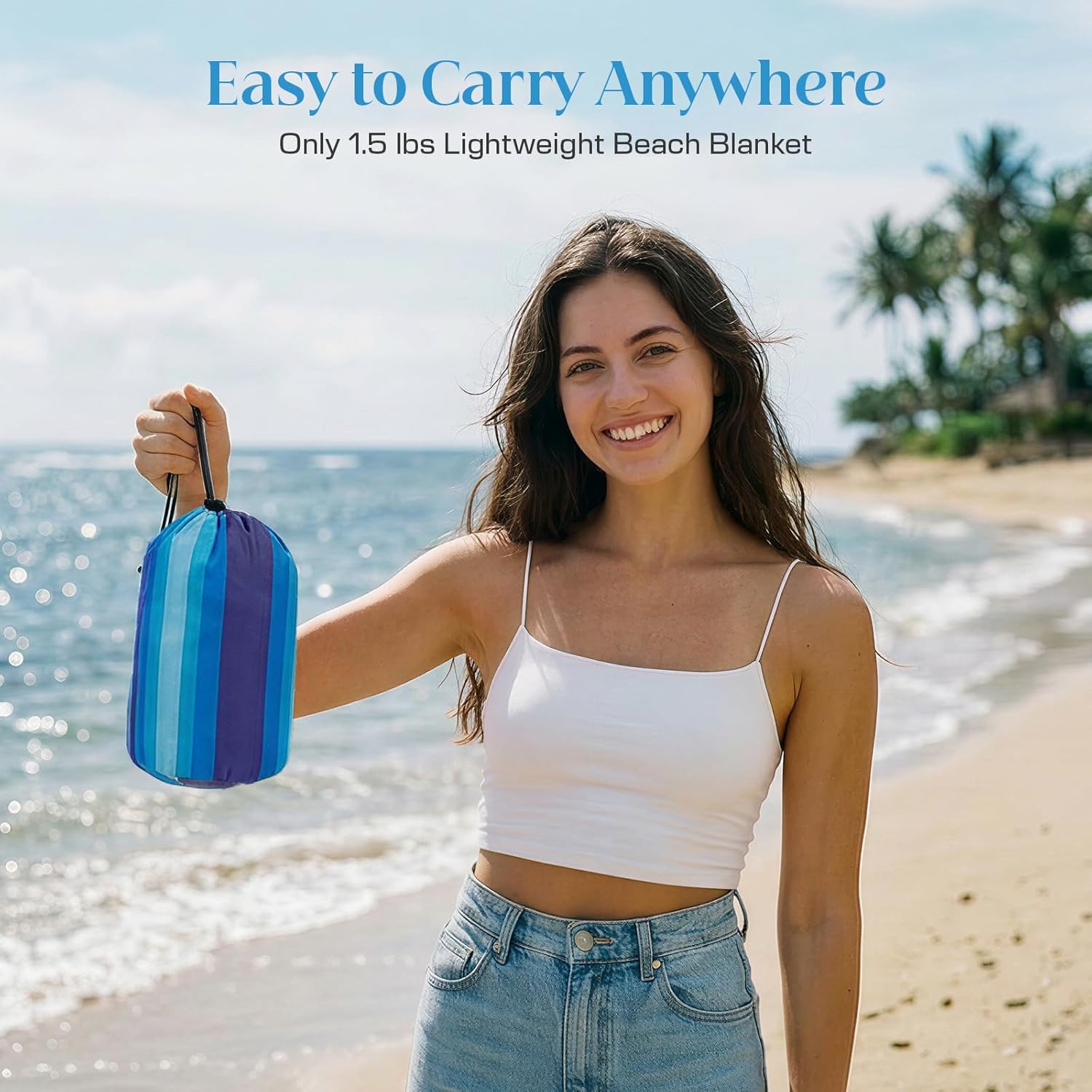 OIGAE Extra Large Beach Blanket, 10×10 ft Sand-Free Outdoor Picnic Mat for Groups, Water-Resistant Windproof Blanket with Stakes, Blue Stripe