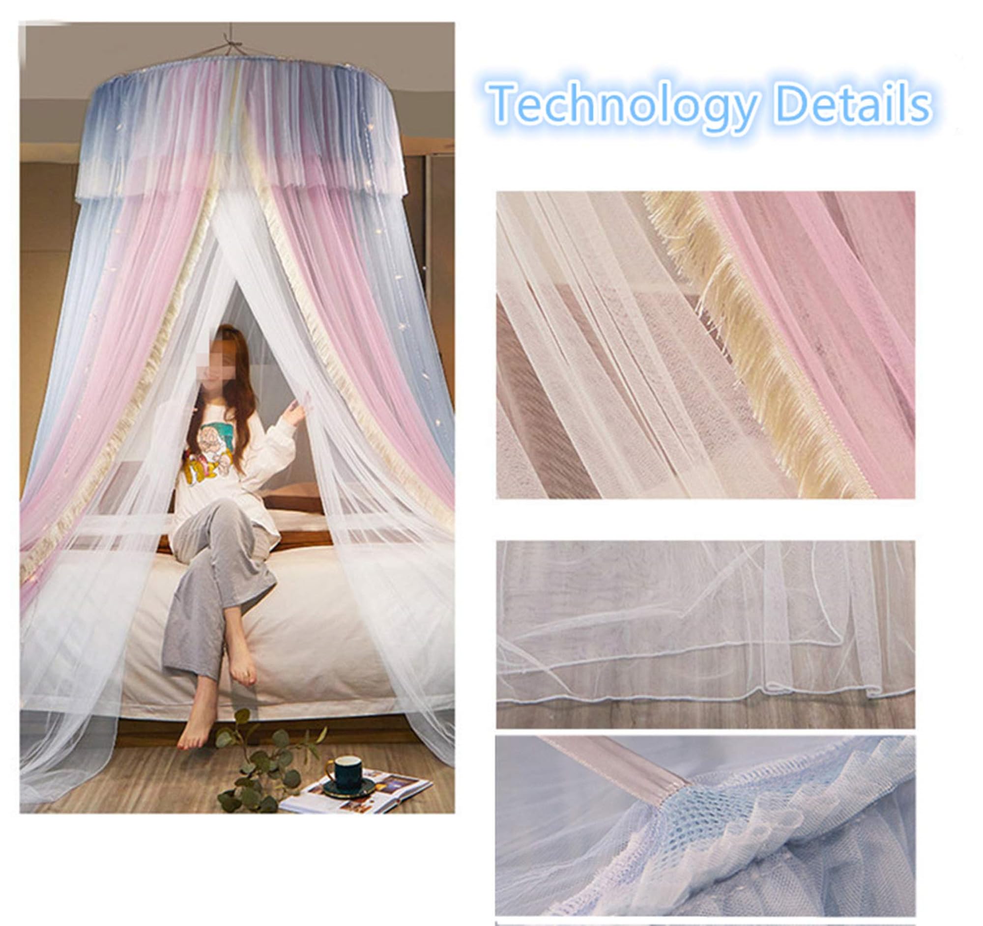 HUOQOU Prinsessen Bedhemel voor Meisjes Bedhemel Gordijn Dubbele Laag Transparant Net Koepel Bedgordijn Ronde Kant Prinses Klamboe Tent voor Decoratie(roze/blauw/wit