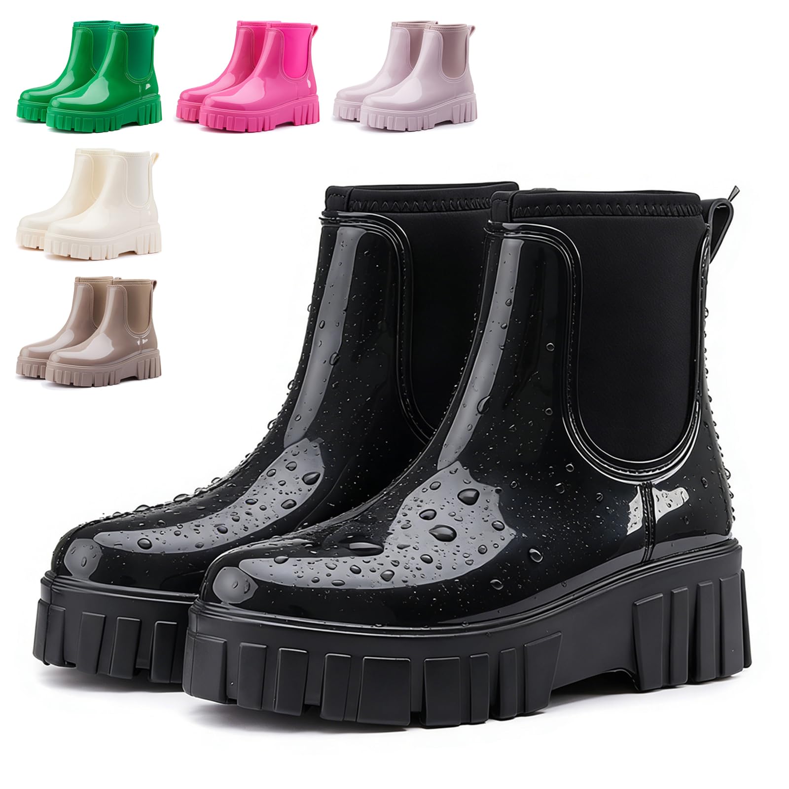 Womens Rain Boots Waterproof Platform Chelsea Ankle Boots Comfortable Anti-slip Slip-on PVC Garden Rainboots for Outdoor Work