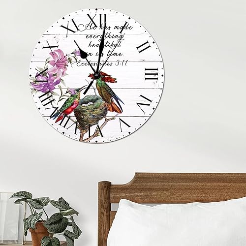 Miniatura 20 de ArogGeld He Made Everything Beautiful - Reloj de pared de PVC con flores rosadas, colibrí, reloj de pared grande con cita y números romanos, reloj