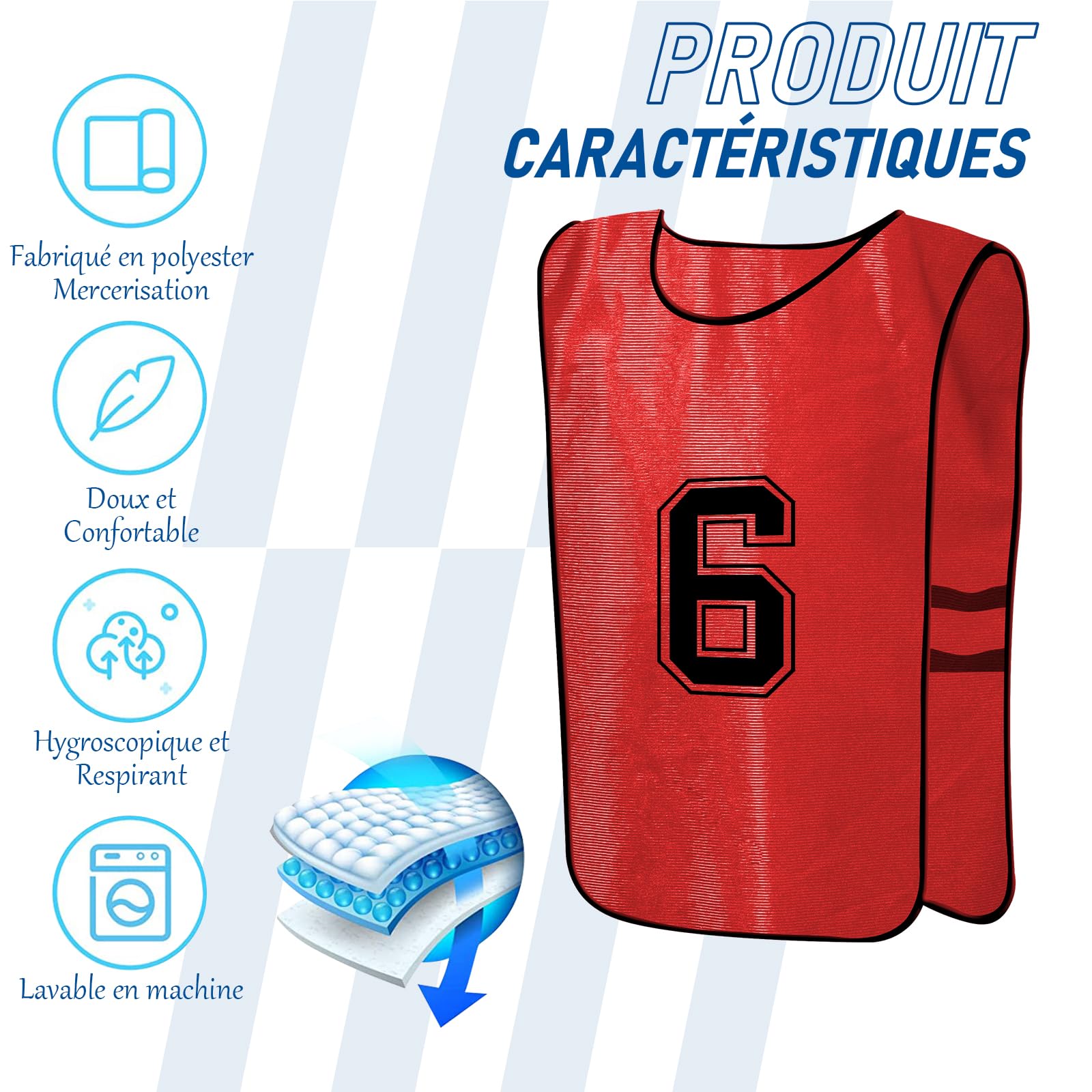 Lot de 24 Chasubles de Sport Numérotées 1 à 12, 65 x 40 cm
