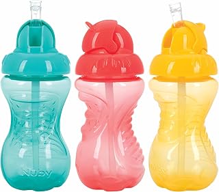 Nuby 3-Pack No-Spill Cup with Flex Straw, 10oz, 3 PK - Aqua, Yellow, Coral