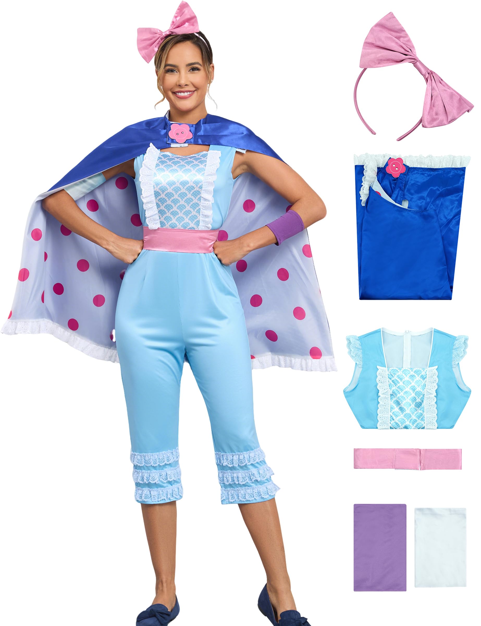 AYYOHON Bo Peep Costume For Women Pink Jumpsuit Adult With Cape Headband Deluxe Halloween Cosplay Toy Fancy Story Dress Set 2XL
