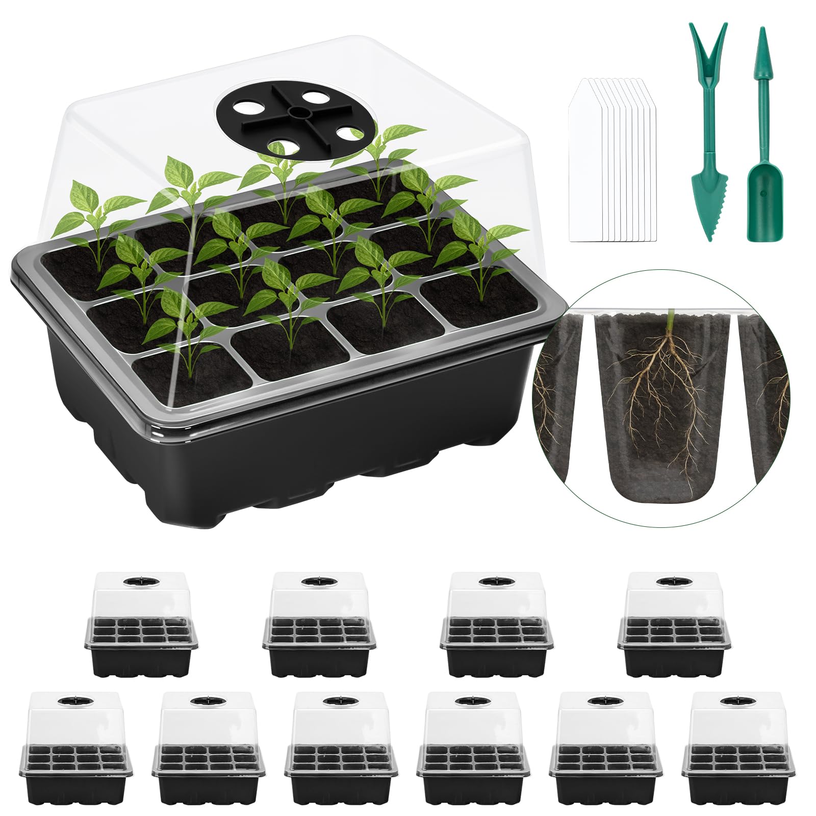 Lychee Seedling trays, pack of 10, 120 cells, for growing seedlings in greenhouses and gardens, featuring a raised lid and rotatable ventilation holes (Black,10Pec)