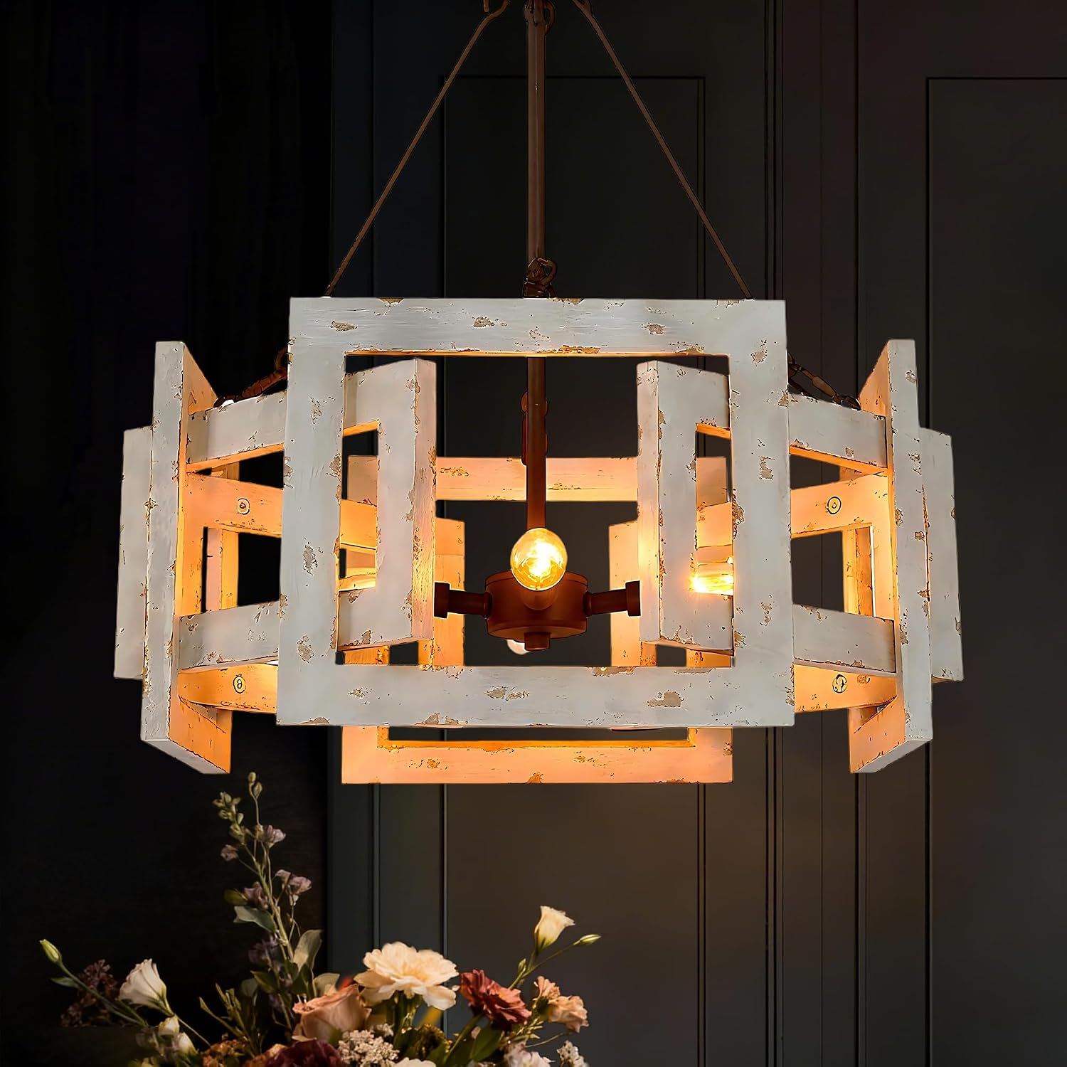 KSANA Farmhouse Wood Chandelier, 4 Lights Drum Dining Room Light Fixture with Weathered White and Rust Finish for Kitchen, Bedroom and Foyer