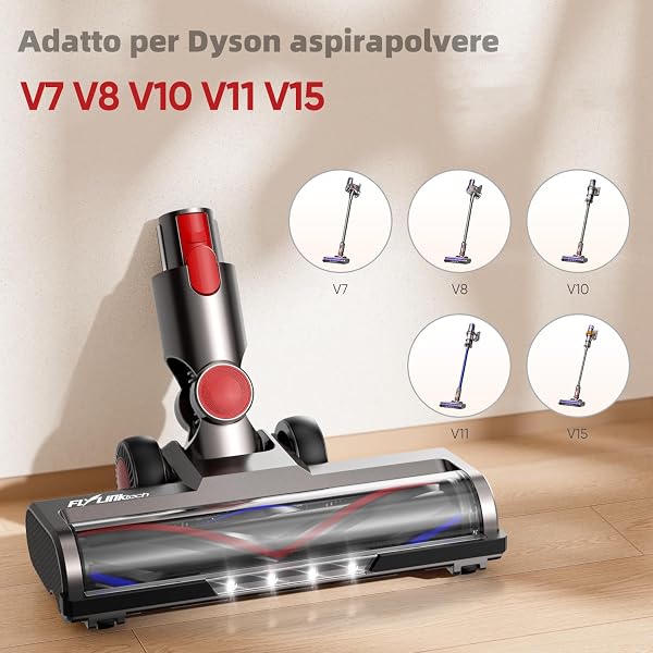 Spazzola Compatibile con Dyson V7 V8 V10 V11 V15 per Aspirapolvere, Spazzola di Ricambio che Ruota di 180° e si Adatta a Un'ampia Gamma di Pavimenti, con 4 Testine LED e 2 Rulli di Ricambio - 1