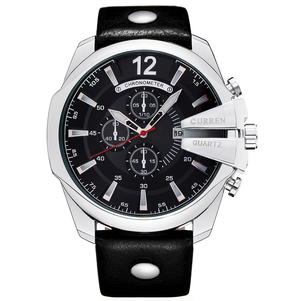 CURREN8176 Leather Round Analog-Chrono With Date Display Black, Silver Watch for Men