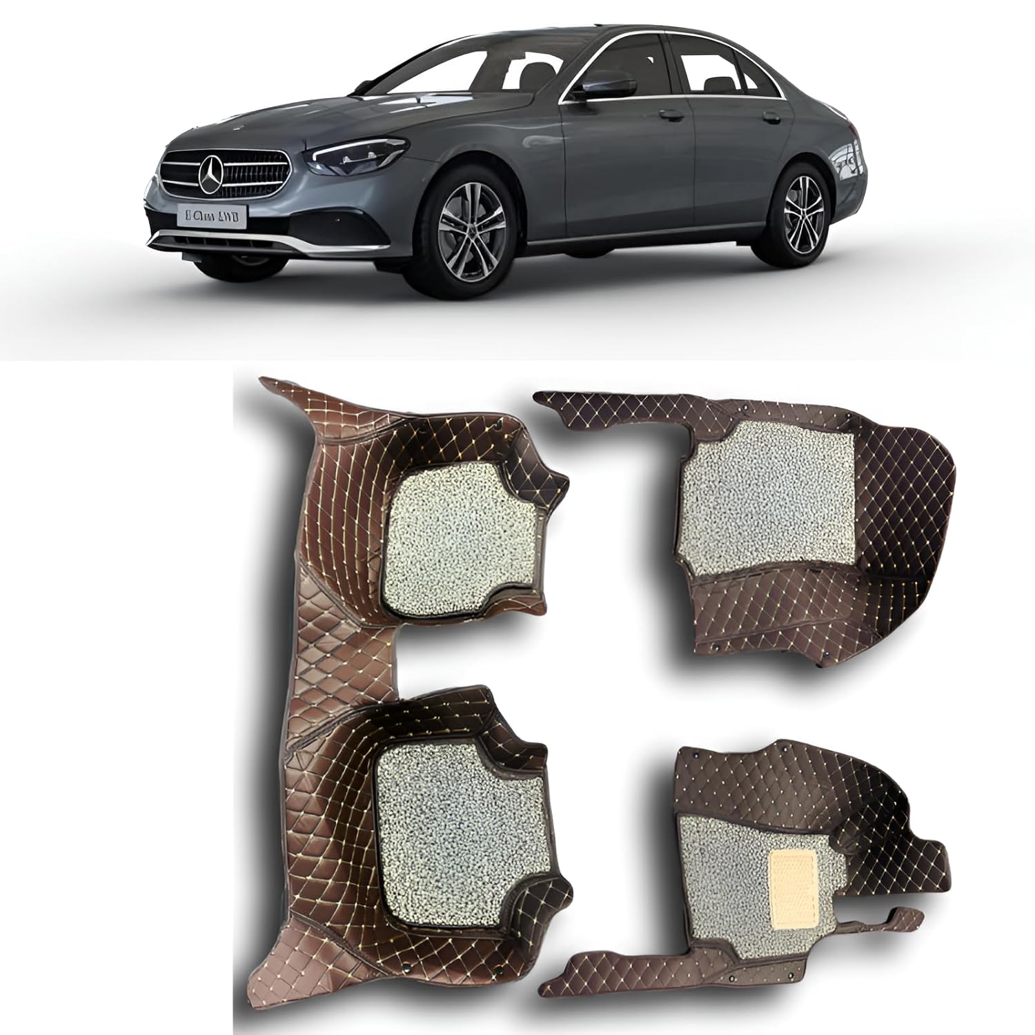 Premium 7D Car Floor Mats Compatible for Mercedes Benz E Class(15-16)||Luxury Leather Double Layered Mat||3Pcs||100% Waterproof and Washable||Color :-Coffee with Golden (Beige Brown Grass)