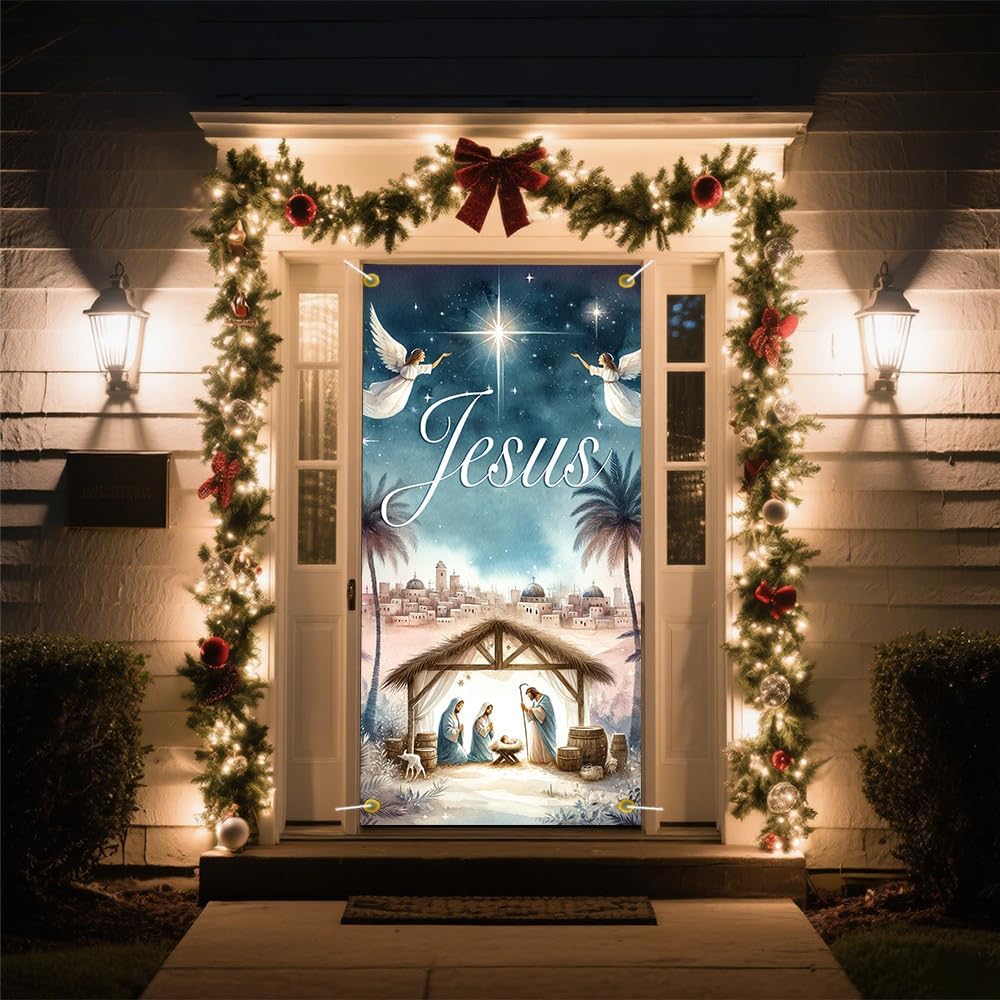 Christmas Door Banner 71 x 35 Inch Jesus Nativity Scene Design Religious Holiday Theme Decorative Door Cover Outdoor Christmas Decoration for Home Church Yard - Image 4