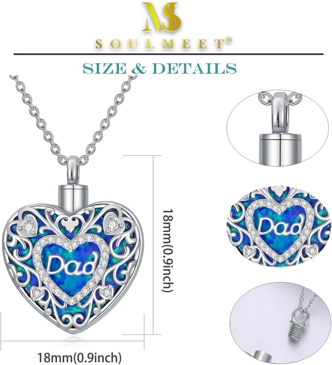 SOULMEET Parent Mother and Father Mom and Dad Urn Necklace for Ashes, Heart Opal Ashes Necklaces with Mom/Dad Engraved Keepsake Cremation Locket Jewelry for Loss Mommy Daddy